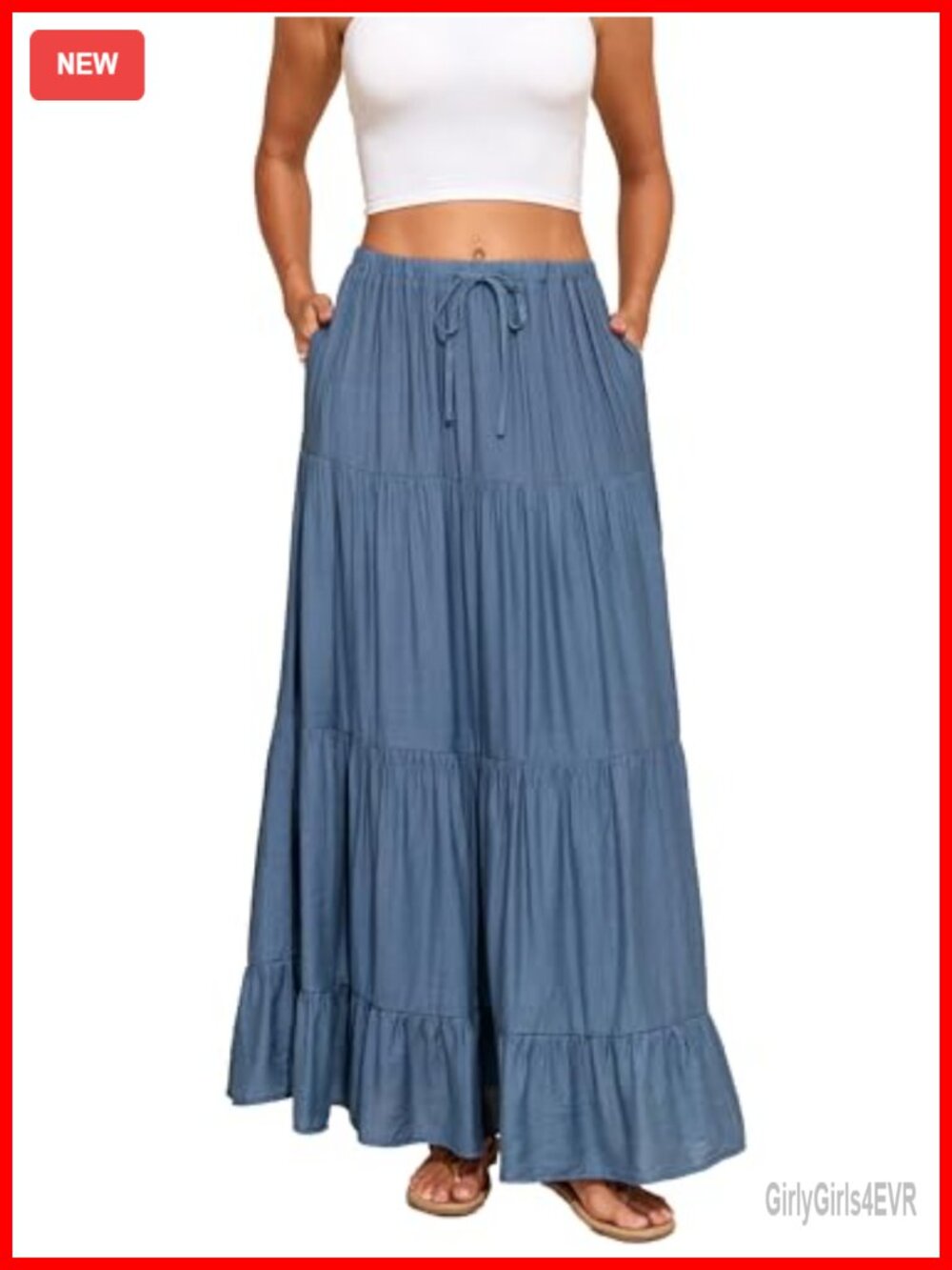 Womens Flowy Tiered A Line Maxi Skirt Elastic Waist Beach Skirt with Pocket